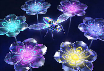vibrant bee flying among neon glowing flowers in dark background
