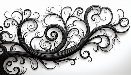 stylized black tree branch with swirling curls on white background spiral