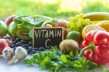 Products containing vitamin C. Selective focus.
