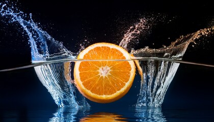 orange in water splashes with fireworks