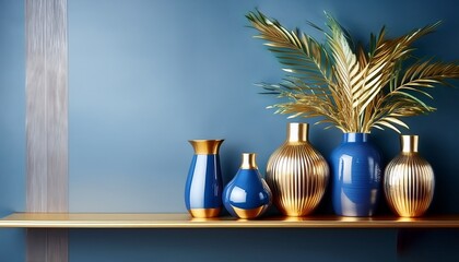 elegant gold and blue decorative vases and plant on a modern wooden and gold shelf