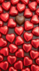 Romantic repeating pattern of red foil-wrapped heart chocolates on a pastel pink surface, featuring a single unwrapped chocolate as a focal point. Perfect for Valentine&rsquo;s Day Themes