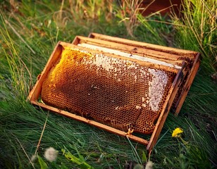 discarded honeycomb frames with signs of decay wax moth damage and neglect on grass symbolizing beekeeping challenges hive health concerns and beekeeping difficulties