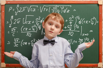 A clever little schoolboy, having solved a difficult problem with integrals, calmly gestures with his hands to the teacher.