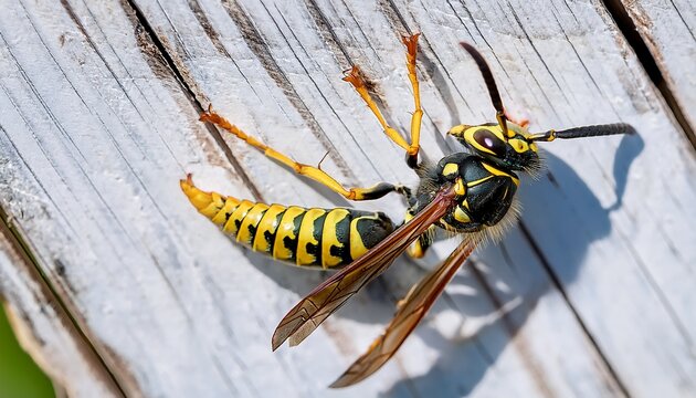a close up view of a yellowjacket wasp gracefully resting on weathered white wood showcasing the wasp s intricate markings and the wood s unique texture in a captivating composition