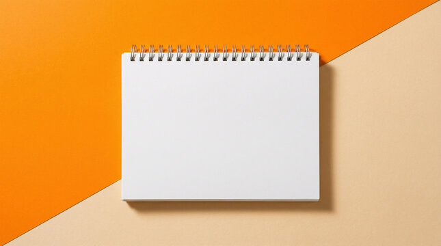 Minimal style note pad. Above overhead close up flat lay photo of clear spiral notepad with copy place for design isolated half yellow and beige backdrop desktop