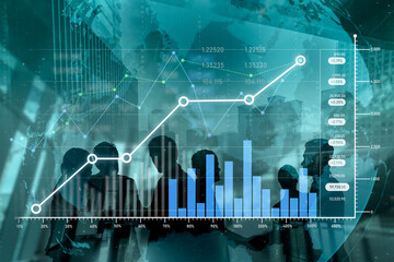 A captivating image showcasing business growth analysis with dynamic graphs and charts, featuring silhouetted figures in a contemporary office setting. Perfect for business themes. Scalp