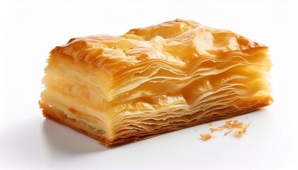 sweet filo pastry piece isolated on white background with golden layers