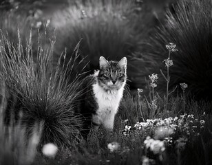 black and white picture with a cat in a clearing
