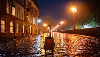 a solitary suitcase rests on a wet cobblestone street under gas lamps at night