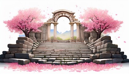 ancient stone amphitheater ruins adorned with blooming pink cherry blossom trees and falling petals ancient ruins isolated on a white background