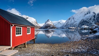 serene red cabins nestled by a tranquil lake with majestic snow capped mountains