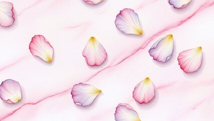 Petals scattered on soft pink background with marble texture  