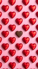 Romantic repeating pattern of red foil-wrapped heart chocolates on a pastel pink surface, featuring a single unwrapped chocolate as a focal point. Perfect for Valentine&rsquo;s Day, love, and romance