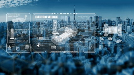 Technical layout of electric vehicle showing battery system, power control, traction motor, charging interface, and integration with renewable and smart energy sources Marrow