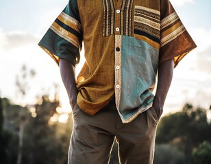 Single Person Wearing Mixed Traditional Fabrics Integrated Into Modern Fashion Style