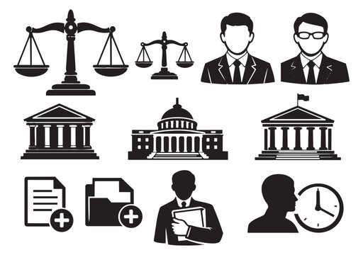 Clip art legal and government set featuring scales of justice, public buildings, professionals, and documents for justice and administration concepts