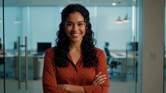 Confident Hispanic businesswoman walking forward and crossing arms with a bright smile in a modern glass office, illustrating professional success and female leadership.