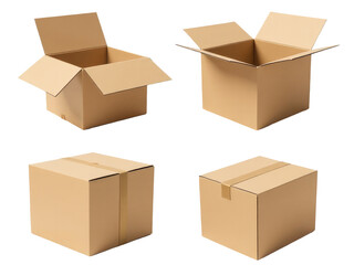 Fototapeta premium Four cardboard boxes on a simple white background, suitable for various uses such as packaging, moving, or storage