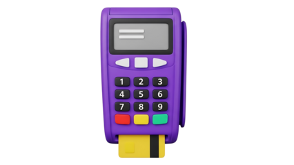 Modern purple payment terminal with credit card inserted