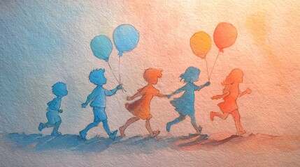 Fototapeta premium Joyful childhood adventure with balloons in a watercolor landscape,Children Holidays
