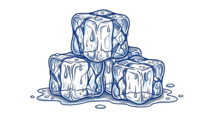 Melting ice cubes in a pile with water droplets