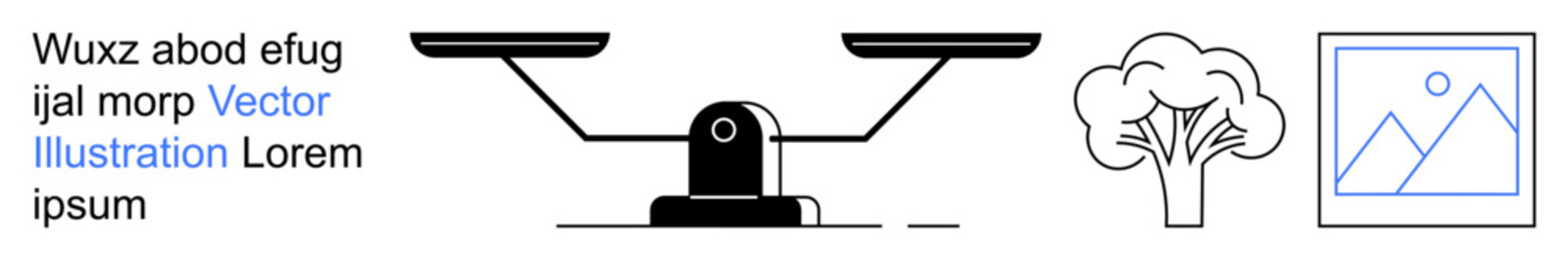 Justice, sustainability, arts, environment, decision-making, design concepts. Balanced scales, tree and a picture frame. Justice and sustainability concepts illustrated through scales and tree