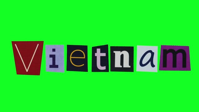 Handcut newspaper letters spelling Vietnam on lively green canvas, streetmarket inspiration, culinary travel energy, lantern and river imagery implied, Stickers are crumpled on green screen