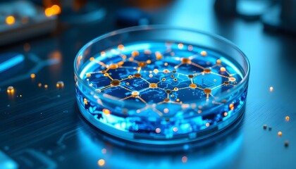 Scientific visualization showing a petri dish filled with blue and orange capsules or cells, resting on a glowing circuit board, representing biotechnology research.