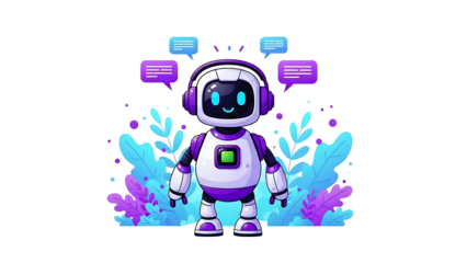 Friendly robot with headphones and speech bubbles in purple and blue