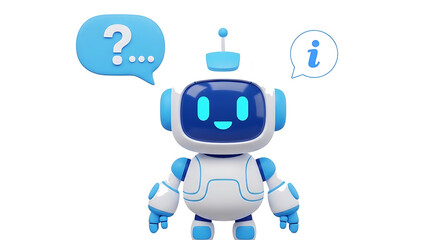 Cute robot with question and info speech bubbles