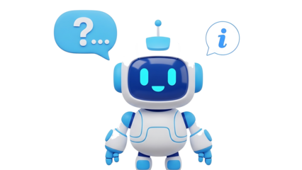 Cute robot with question and info speech bubbles