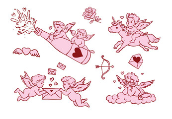 Naklejka premium Hand drawn Valentine’s Day illustration set with cute angels, cherubs and cupids flying, sending love letters and spreading hearts. Whimsical romantic outline style for cards, stickers and designs. 