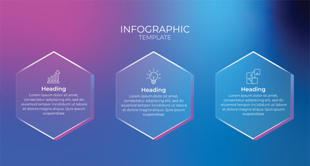Modern 3-step hexagon infographic template with icons, glowing outlines, and vibrant gradient background for business workflow and process visualization.