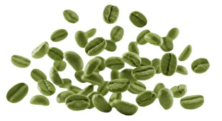 dozens of raw, vibrant jade green arabica coffee beans captured mid-air in a frozen cascade, sharp macro focus against a white studio background with brilliant bokeh. concept for beverage advertising