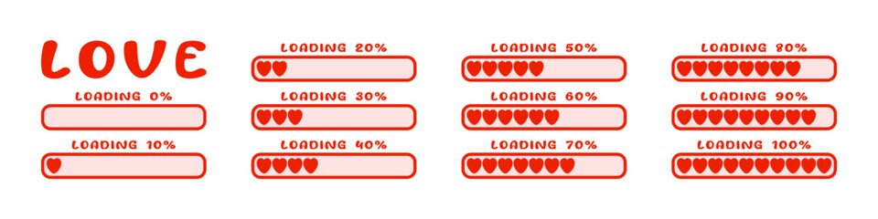 Horizontal love loader progress set from 0 to 100 percent with ten percent steps, illustrated using red heart icons to visualize loading romance progress, emotions relationship themed interface design