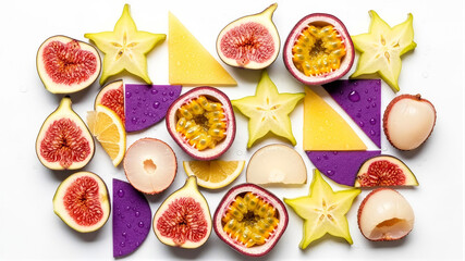 Colorful arrangement of halved figs, passion fruits, starfruit slices, lychees and citrus wedges with purple and yellow geometric pieces on a white background, forming a vibrant tropical pattern