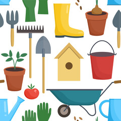Seamless pattern with gardening tools and equipment. Vector illustration.