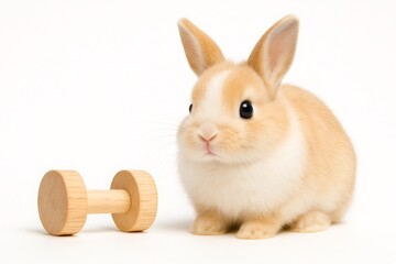 Obraz premium Tiny brown and white rabbit sitting next to a small wooden dumbbell on a clean white background, conveying pet health and play