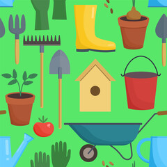 Seamless pattern with gardening tools and equipment. Vector illustration.