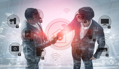 Two businessmen shake hands above a digital overlay of smart home technology icons, symbolizing partnership and innovation in modern connectivity and security. Gantry