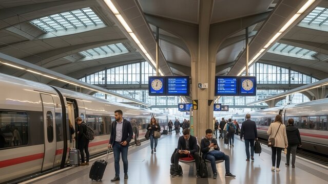 Commuters at a busy train station platform.