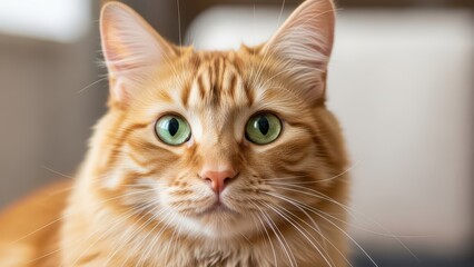 Close-up of a ginger tabby cat with green eyes.