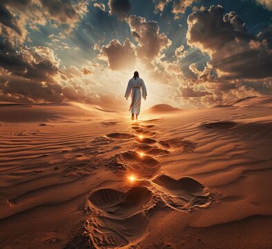 This majestic image captures Jesus walking into the sunset, leaving behind footprints in the sand, invoking feelings of hope, faith, and the personal journey through challenges.