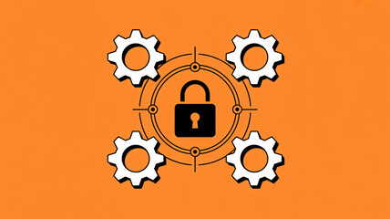 Secure system with padlock and gears on orange background