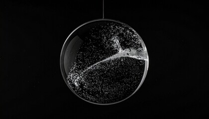 Transparent sphere with internal particles suspended on black background, evoking minimalistic depth and texture.