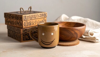 Ceramic mug and wooden bowl with smiling faces beside ornate patterned boxes and folded cloth on neutral surface.