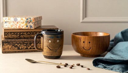 Ceramic mug and wooden bowl with smiling faces beside ornate patterned boxes and folded cloth on neutral surface.