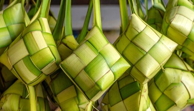 Close-up of traditional ketupat woven from palm leaves with diamond pattern and cultural texture.