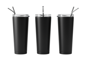 Three identical matte black stainless steel tumblers with clear lids and silver straws, perfectly aligned against a stark white studio background. Concept for commercial branding mockup
